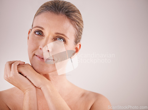 Image of Dermatology, beauty and portrait for woman on mockup for skincare, wellness and anti age for clean and smooth. Mature person and smile with enzyme for hygiene, clear and fresh healthy and pure