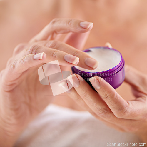 Image of Woman, hands or cream for beauty, skincare or cosmetics application for moisturiser, soft or smooth skin. Anti aging, closeup or model with product, creme or glow for lotion, dermatology or treatment