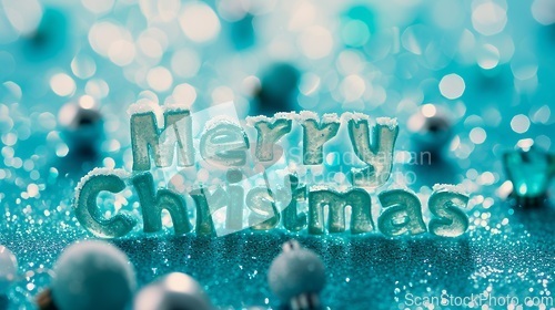 Image of Aquamarine Crystal Merry Christmas concept creative horizontal art poster.