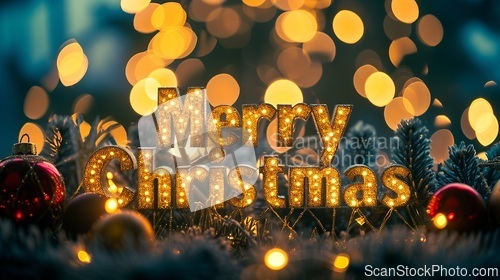 Image of Backlighting Merry Christmas concept creative horizontal art poster.