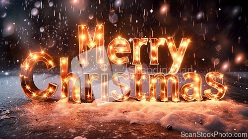 Image of Brown LED Merry Christmas concept creative horizontal art poster.