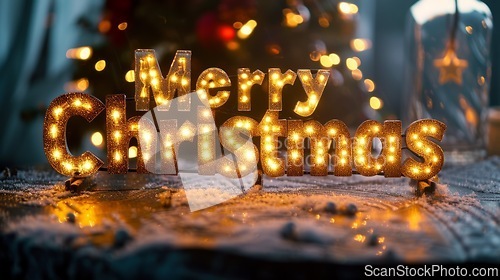 Image of Brown LED Merry Christmas concept creative horizontal art poster.