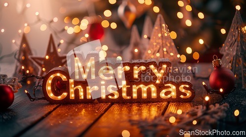 Image of Brown LED Merry Christmas concept creative horizontal art poster.