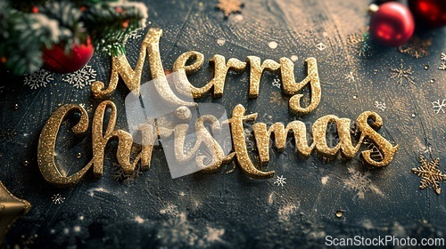 Image of Golden Merry Christmas concept creative horizontal art poster.