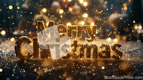 Image of Golden Merry Christmas concept creative horizontal art poster.