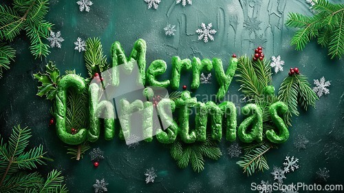 Image of Green Merry Christmas concept creative horizontal art poster.