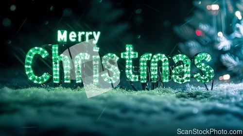 Image of Green LED Merry Christmas concept creative horizontal art poster.