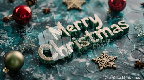 Image of Green Marble Merry Christmas concept creative horizontal art poster.
