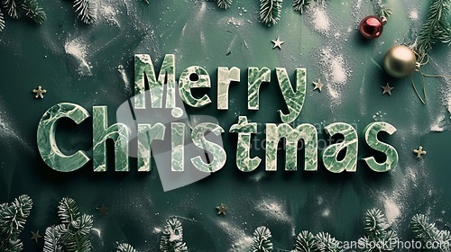 Image of Green Marble Merry Christmas concept creative horizontal art poster.