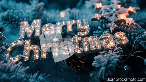 Image of Grey LED Merry Christmas concept creative horizontal art poster.