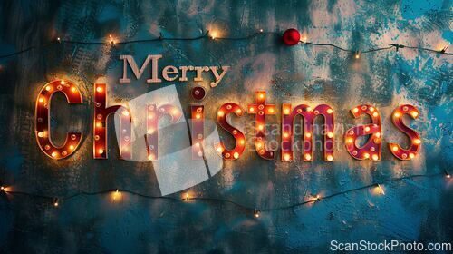 Image of Grey LED Merry Christmas concept creative horizontal art poster.