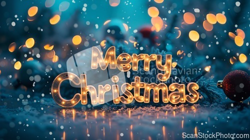 Image of Grey LED Merry Christmas concept creative horizontal art poster.