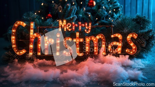 Image of Direct Lighting Merry Christmas concept creative horizontal art poster.