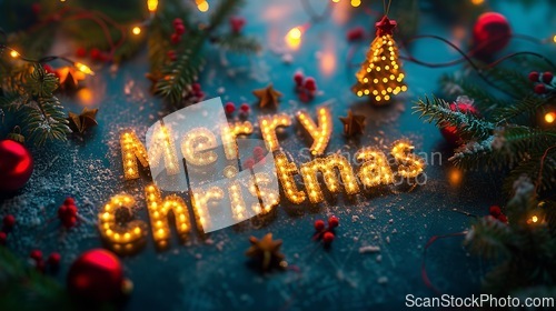 Image of Front Lighting Merry Christmas concept creative horizontal art poster.