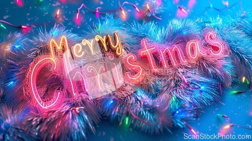 Image of Holo Fur Merry Christmas concept creative horizontal art poster.