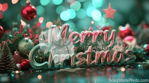 Image of Holo Glossy Surface Merry Christmas concept creative horizontal art poster.