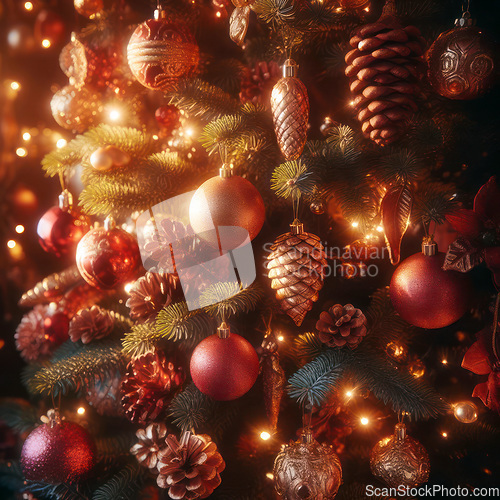 Image of closeup of beautiful tree with lights and ornaments generative a