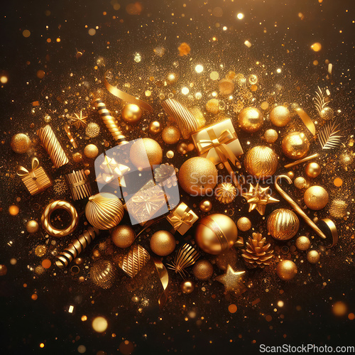Image of gold christmas ornaments in golden glitter