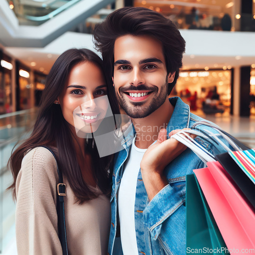 Image of young attractive couple shopping together