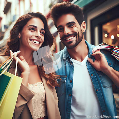 Image of young attractive couple shopping on vacation