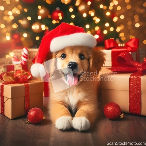 Image of cute puppy wearing a santa hat