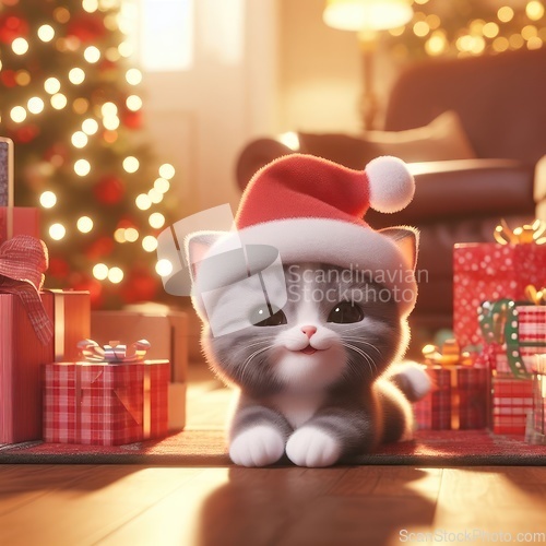 Image of cute 3d art kitten wearing santa hat