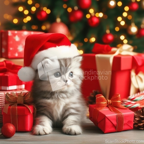 Image of cute kitten wearing santa hat
