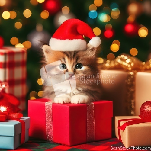 Image of cute kitten wearing santa hat