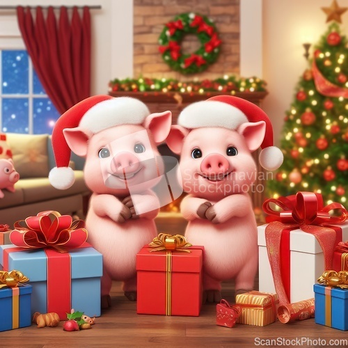 Image of little pigs wearing santa hats with christmas presents