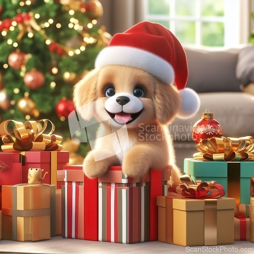 Image of cute 3d art puppy with santa hat