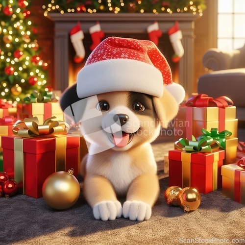 Image of cute 3d art puppy with santa hat