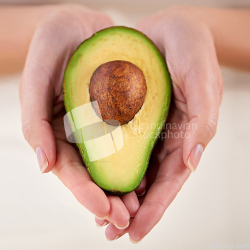 Image of Hands, avocado and vegetable diet for wellness, health and minerals or antioxidants for nutrition. Closeup, person and holding vegan food for green detox, superfoods and omega 3 for organic skincare