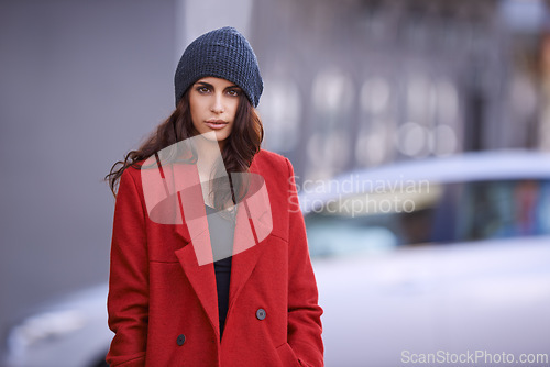 Image of Winter, fashion and portrait of woman in city with jacket for travel in cool style or red coat. Streetwear, clothes and girl outdoor on sidewalk with confidence and pride in New York morning commute