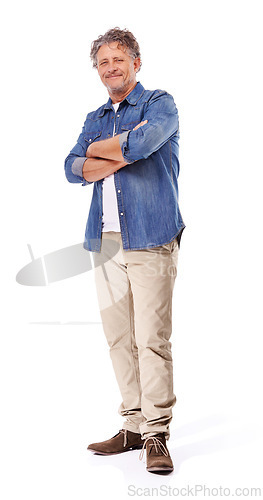 Image of Portrait, confidence and mature man in studio isolated on a white background mockup space. Arms crossed, fashion or person in casual clothes, jacket or trendy style for pride on backdrop in Australia