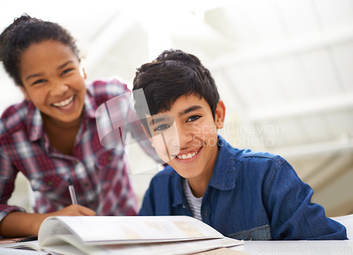 Image of Children, girl and boy in portrait with homework, books and smile for studying, education and together. Kids, brother and sister with learning, textbook and happy with development in family house