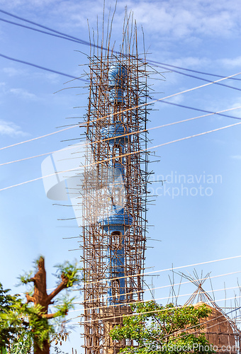 Image of Repairing a mosque using Traditional bamboo scaffolding, Dembecha City, Amhara Region Ethiopia