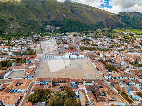 Image of Aerial view of the Plaza Mayor, largest stone-paved square in South America, Villa de Leyva, Colombia