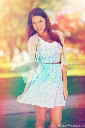 Image of Portrait, girl or smile in spring, fashion or stylish as casual, outfit or fresh air to relax. Playful, woman or trendy clothing in park on sunny day in boutique designer couture as leisure wear