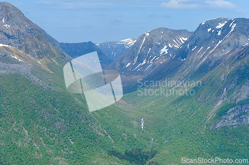 Image of Serene valley amongst majestic mountains under a clear blue sky