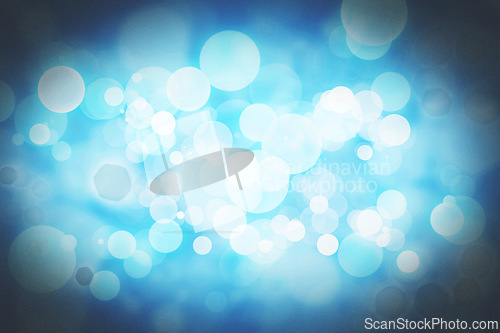 Image of Abstract, graphic and blue bokeh with light, Christmas theme, decor and creativity with color. Wallpaper, effects and sparkle or shine with pattern, circle and creative design for screensaver