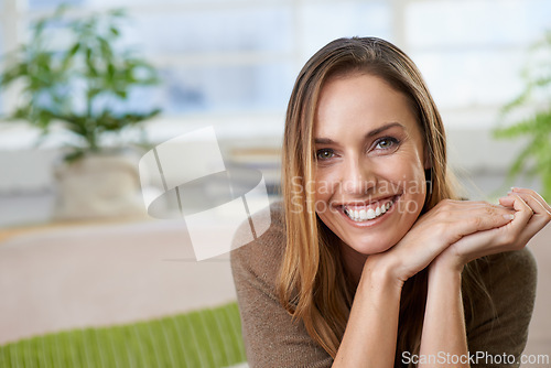 Image of Woman, portrait and smile for home calm on weekend in apartment for resting holiday, vacation or peace. Female person, face and happiness in living room for comfortable morning, relaxing or leisure