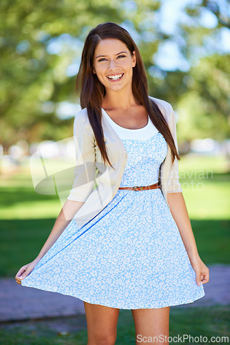 Image of Portrait, girl or fun in spring, fashion or stylish as casual, outfit or fresh air to relax in park. Happy, woman or trendy clothing as boutique designer couture for leisure wear on sunny day