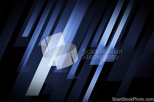 Image of Wallpaper, graphic and blue lines on black background for design, pattern and digital art with color. Creative, hologram and 3d abstract, gradient and spectrum for texture, illustration and aesthetic