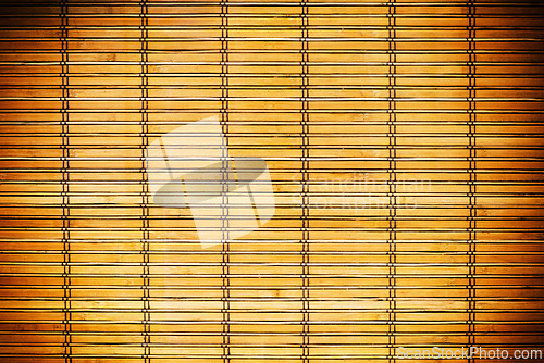 Image of Wallpaper, bamboo and texture with wooden blinds for shade, cover or pattern of abstract wall, design or color background. Detail of wood surface, stripes and lines with exterior or modern curtains