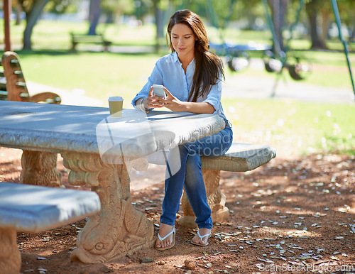 Image of Phone, search or woman in park for social media, chat or contact communication on coffee break. Smartphone, networking or lady person in nature with app for taxi, research or chauffeur travel service