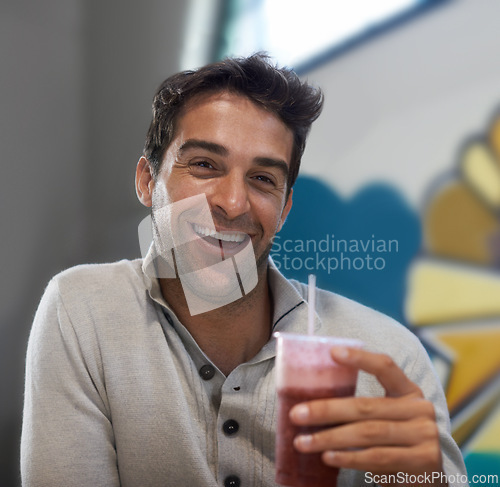 Image of Portrait, drink and smoothie for man with smile for healthy diet of strawberry, fruit and show of beverage. Male person, guy and adult relax with blended cocktail for energy, wellness and nutrition