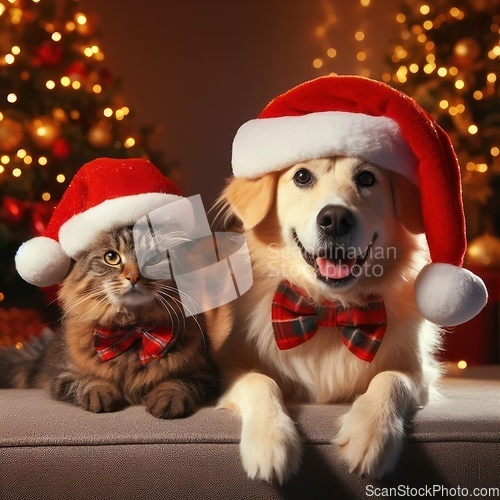 Image of dog and a cat with santa hats