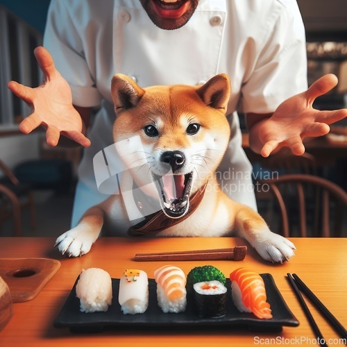 Image of shiba inu customer is unhappy with sushi