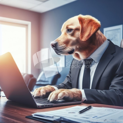 Image of dog in a suit in the office