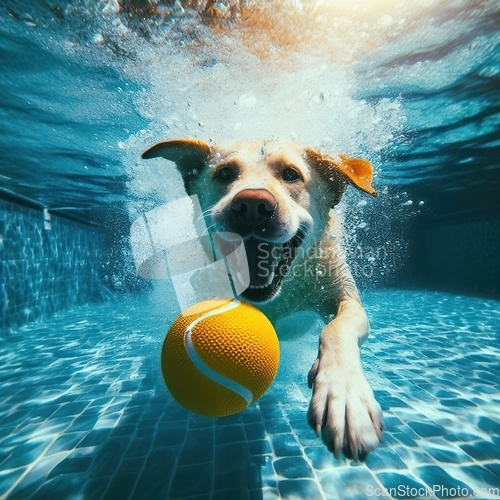 Image of dog getting ball underwater